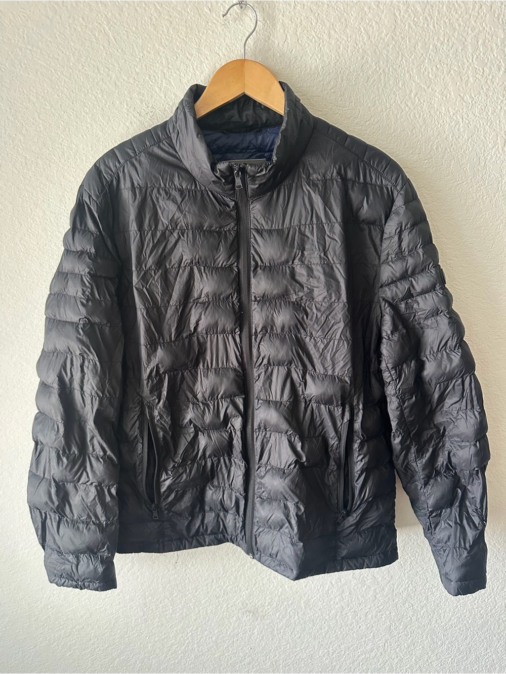 Michael Kors Womens Black Lightweight Puffer Jacket Full Zip Navy Lining Large